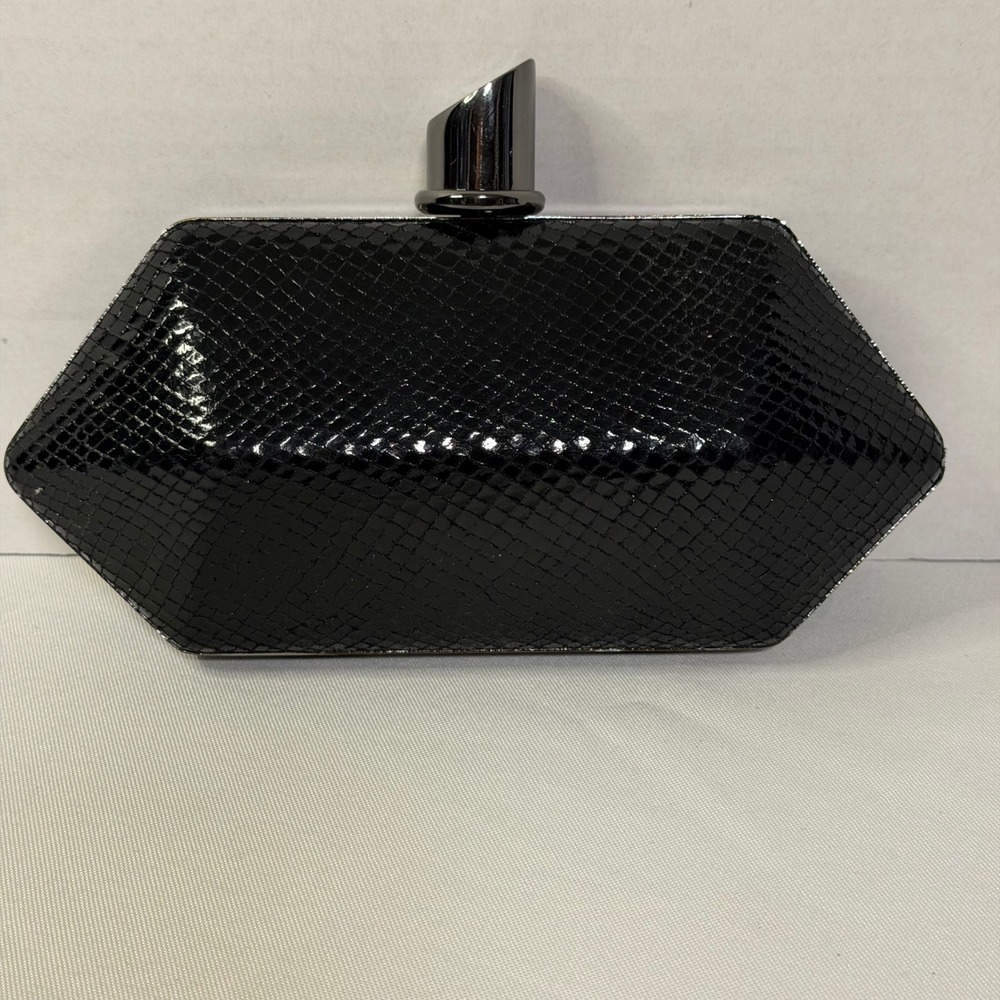 EUC MMS Black Snakeskin Embossed Hexagon Clutch Gunmetal Chain Crossbody Bag